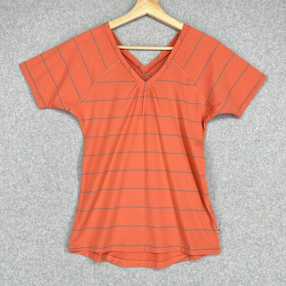 Mountain Hardwear Shirt Womens XS Coral Pink Gray Striped Double V Neck - Picture 1 of 11
